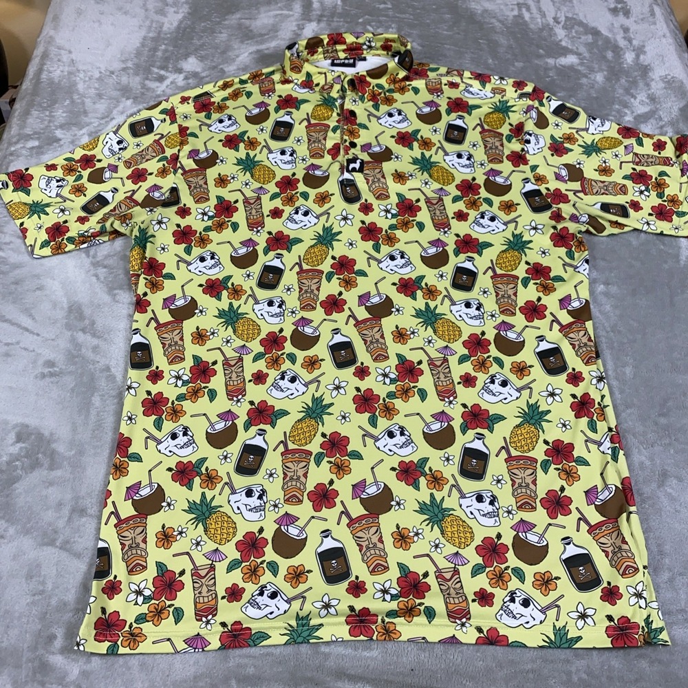 Lofty Llama Hawaiian Tiki Print Polo Shirt Mens XL Yellow Tropical Performance S